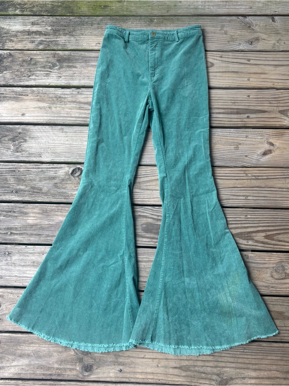By Together Green Super Flare Stretch Corduroy Bell Bottom Hi Rise Pants